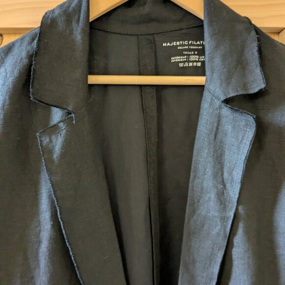 Majestic Filatures Raw Edge Linen Open Front Blazer Black Long Jacket Size 4 - Picture 8 of 9